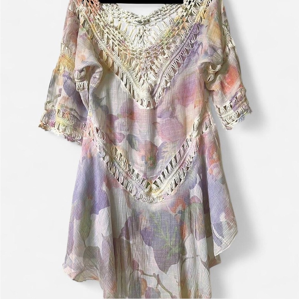 Crochet Floral Cover-Up OS Fits S/M Boho Fairycore Festival Cream Lilac Tunic - Picture 2 of 7